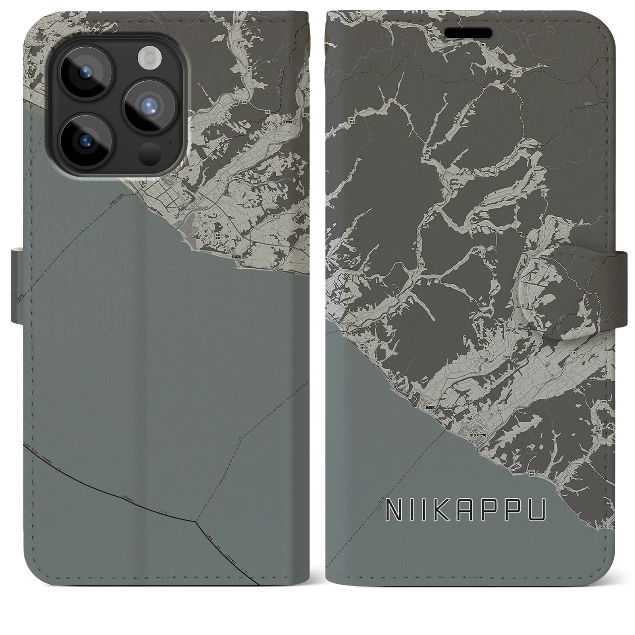 【新冠(北海道)】地図柄iPhoneケース(手帳タイプ)モノトーン・iPhone 15 Pro Max 用