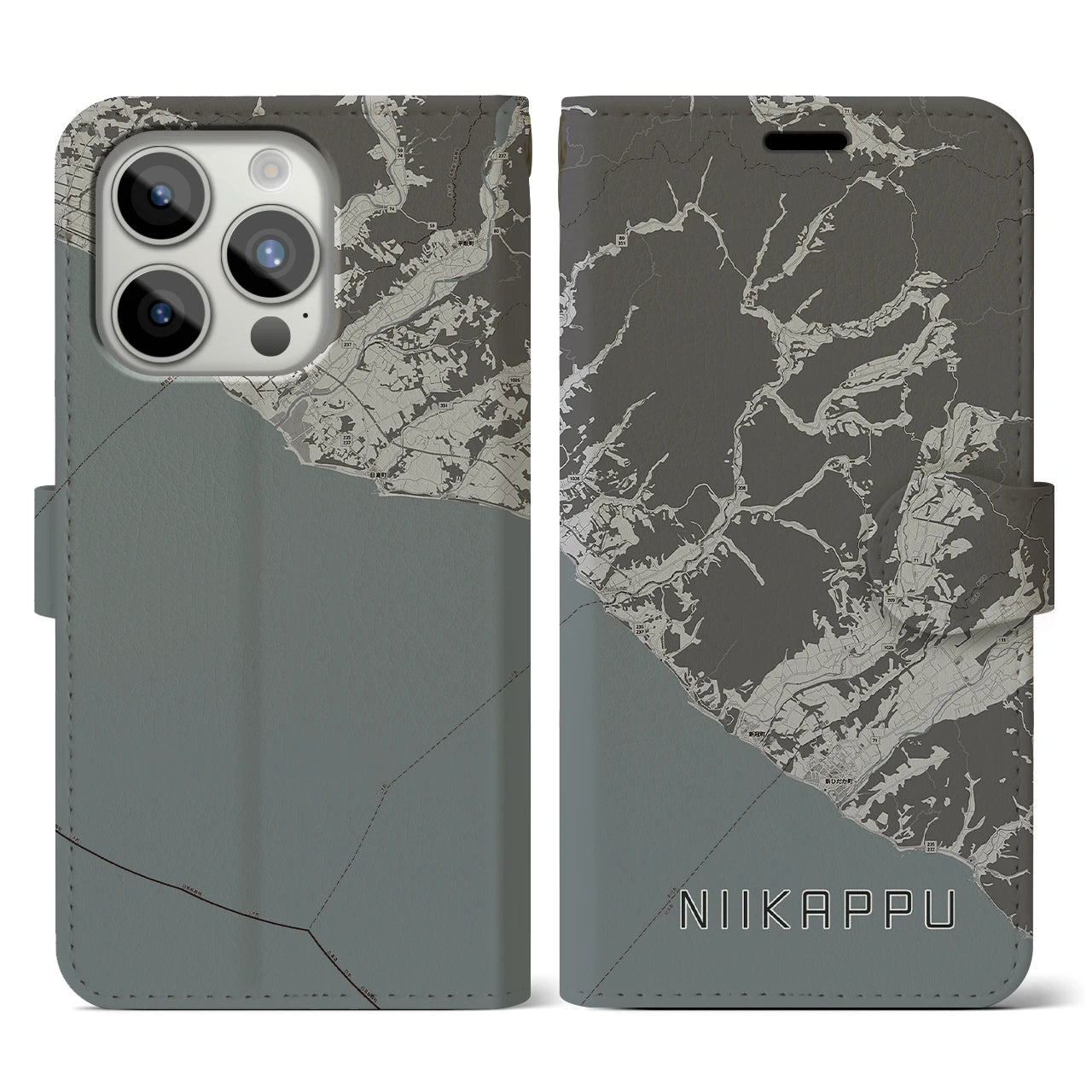 【新冠(北海道)】地図柄iPhoneケース(手帳タイプ)モノトーン・iPhone 15 Pro 用