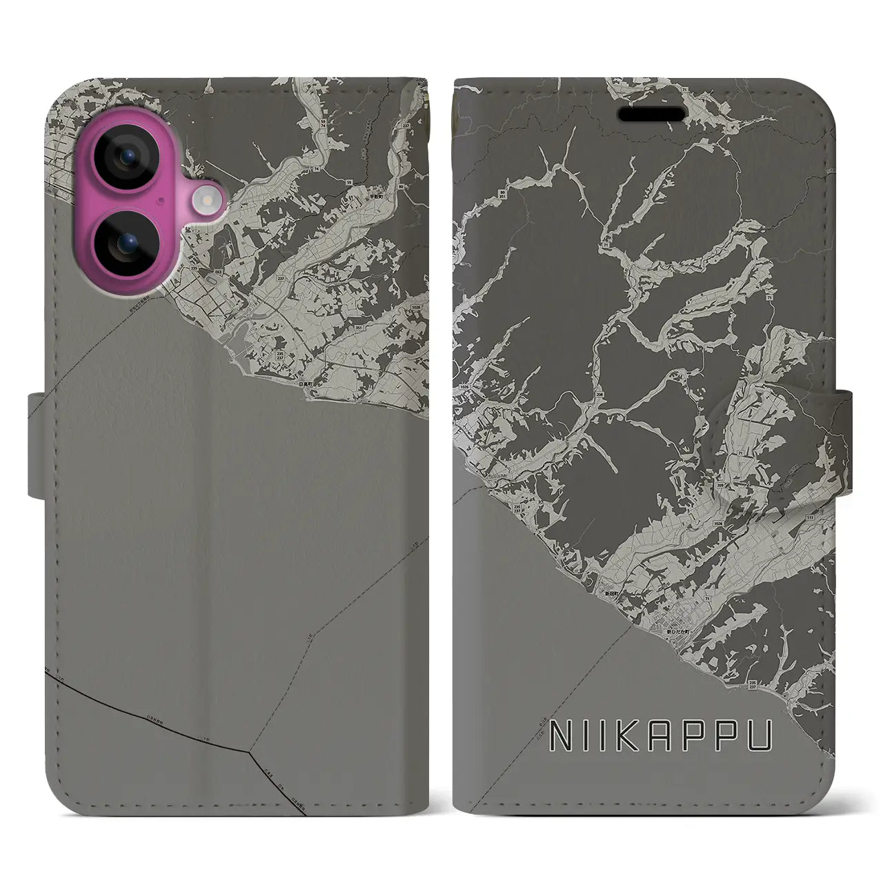【新冠(北海道)】地図柄iPhoneケース(手帳タイプ)モノトーン・iPhone 16 Pro 用