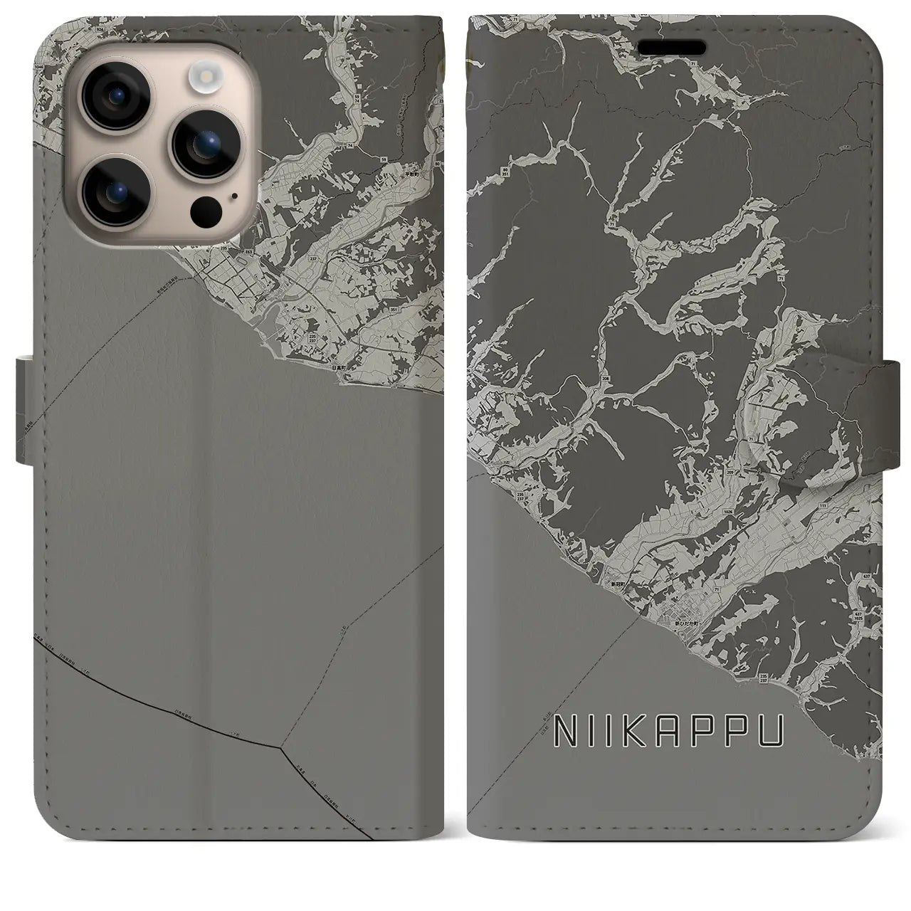 【新冠(北海道)】地図柄iPhoneケース(手帳タイプ)モノトーン・iPhone 16 Plus 用