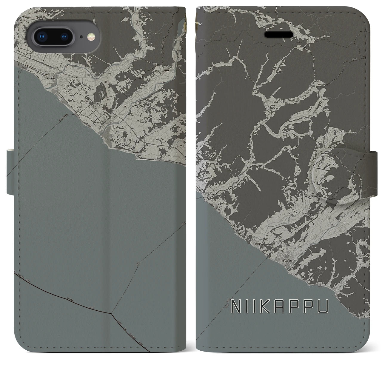 【新冠(北海道)】地図柄iPhoneケース(手帳タイプ)モノトーン・iPhone 8Plus /7Plus / 6sPlus / 6Plus 用