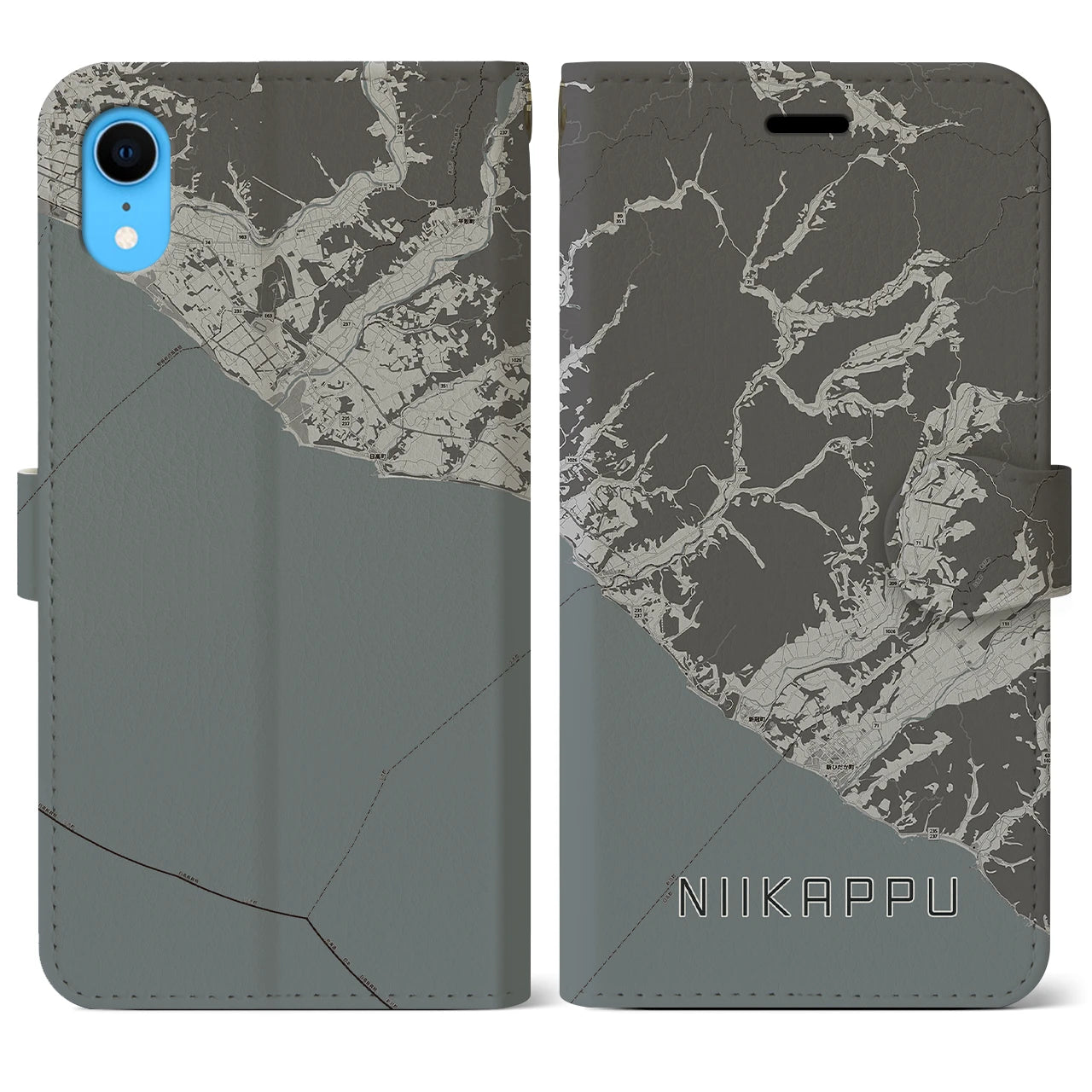 【新冠(北海道)】地図柄iPhoneケース(手帳タイプ)モノトーン・iPhone XR 用