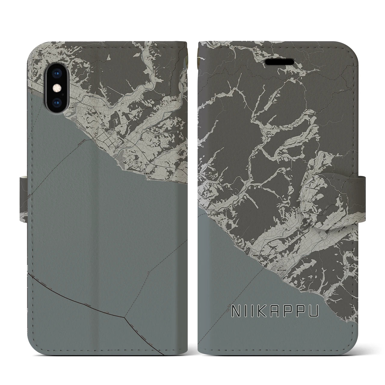 【新冠(北海道)】地図柄iPhoneケース(手帳タイプ)モノトーン・iPhone XS / X 用