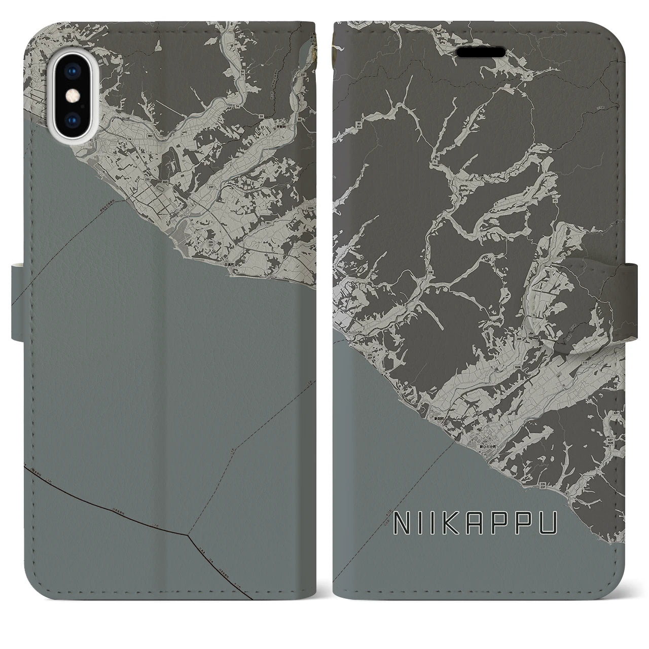 【新冠(北海道)】地図柄iPhoneケース(手帳タイプ)モノトーン・iPhone XS Max 用