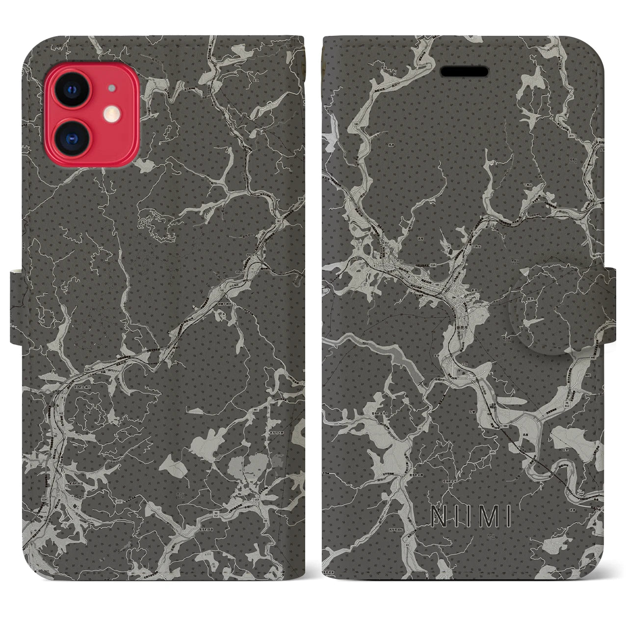 【新見(岡山県)】地図柄iPhoneケース(手帳タイプ)モノトーン・iPhone 11 用