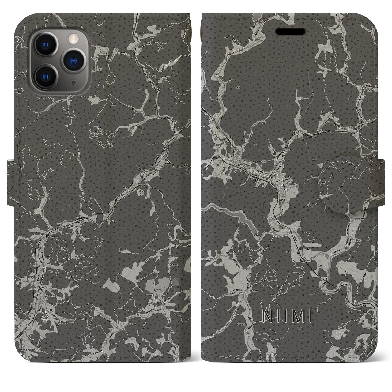 【新見(岡山県)】地図柄iPhoneケース(手帳タイプ)モノトーン・iPhone 11 Pro Max 用