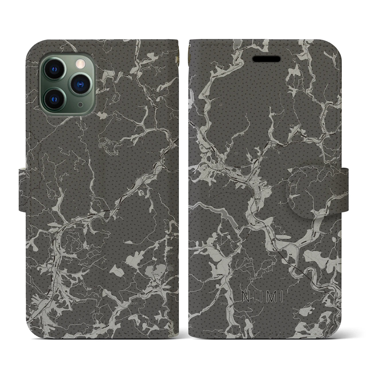 【新見(岡山県)】地図柄iPhoneケース(手帳タイプ)モノトーン・iPhone 11 Pro 用