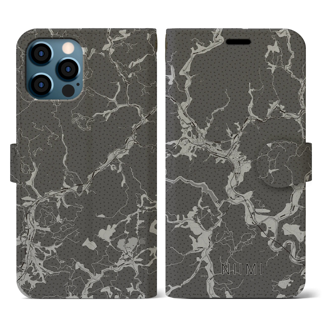 【新見(岡山県)】地図柄iPhoneケース(手帳タイプ)モノトーン・iPhone 12 / 12 Pro 用