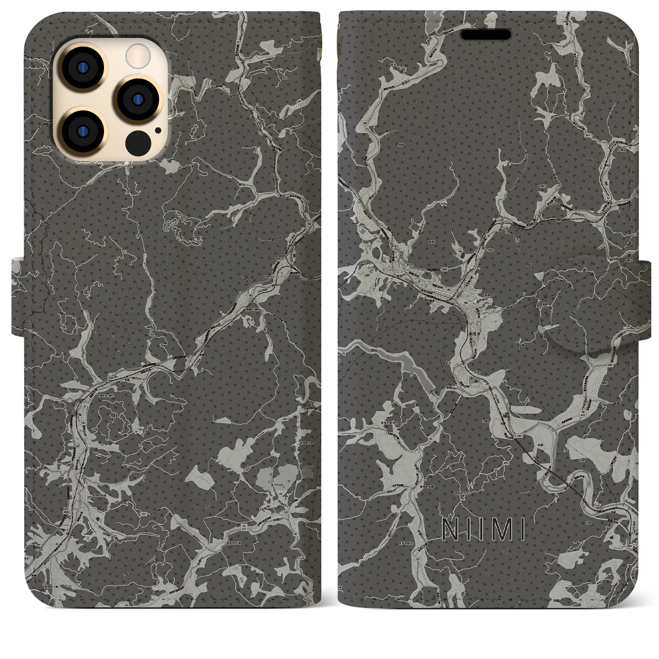 【新見(岡山県)】地図柄iPhoneケース(手帳タイプ)モノトーン・iPhone 12 Pro Max 用