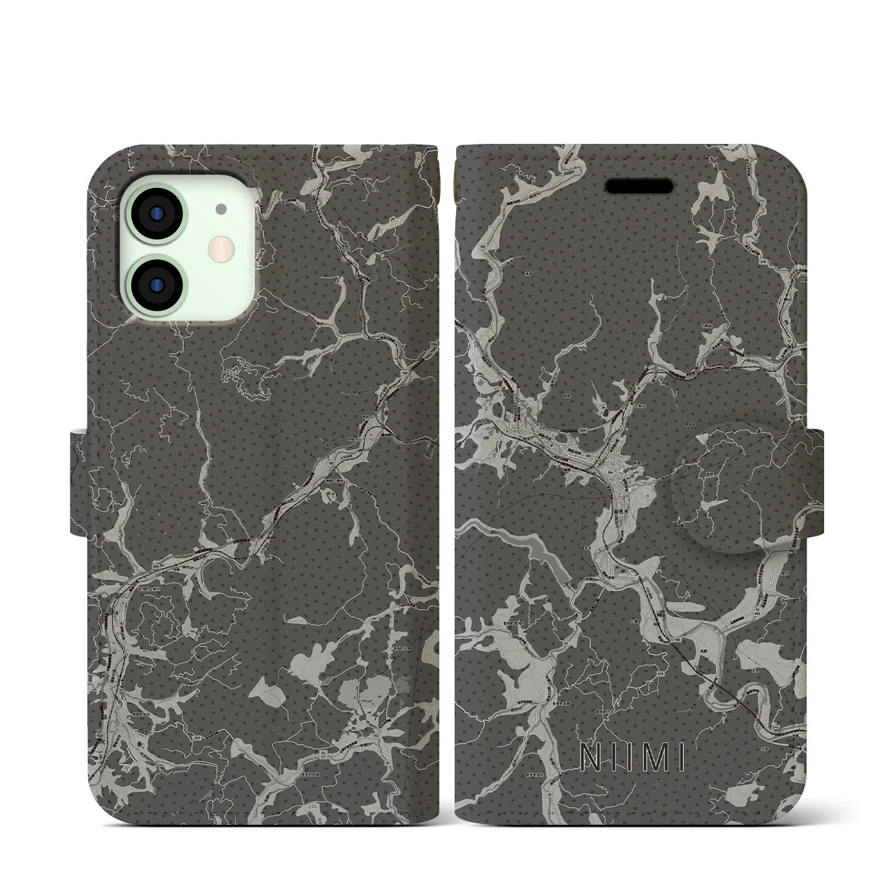 【新見(岡山県)】地図柄iPhoneケース(手帳タイプ)モノトーン・iPhone 12 mini 用