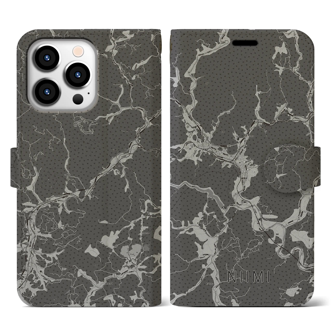 【新見(岡山県)】地図柄iPhoneケース(手帳タイプ)モノトーン・iPhone 13 Pro 用