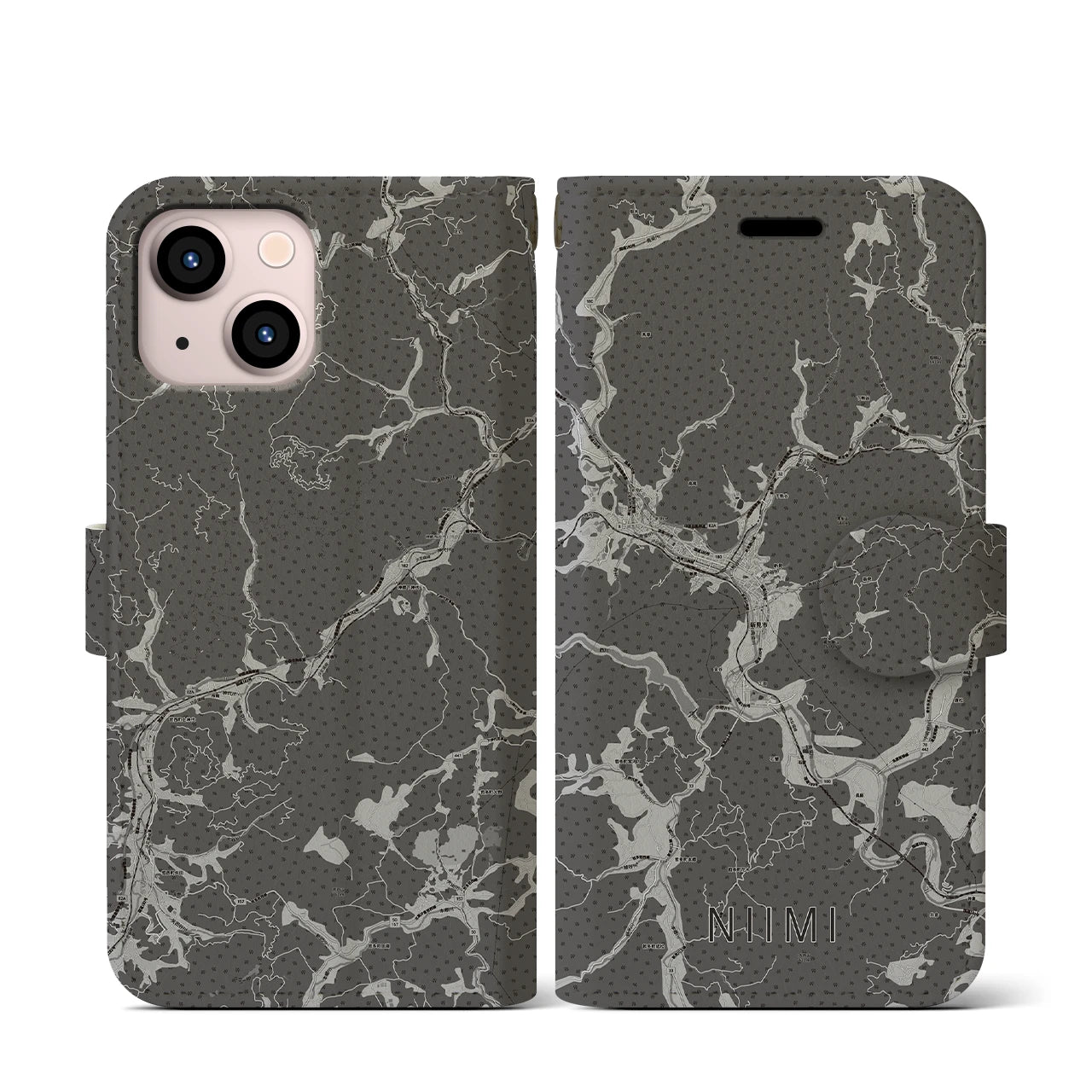 【新見(岡山県)】地図柄iPhoneケース(手帳タイプ)モノトーン・iPhone 13 mini 用