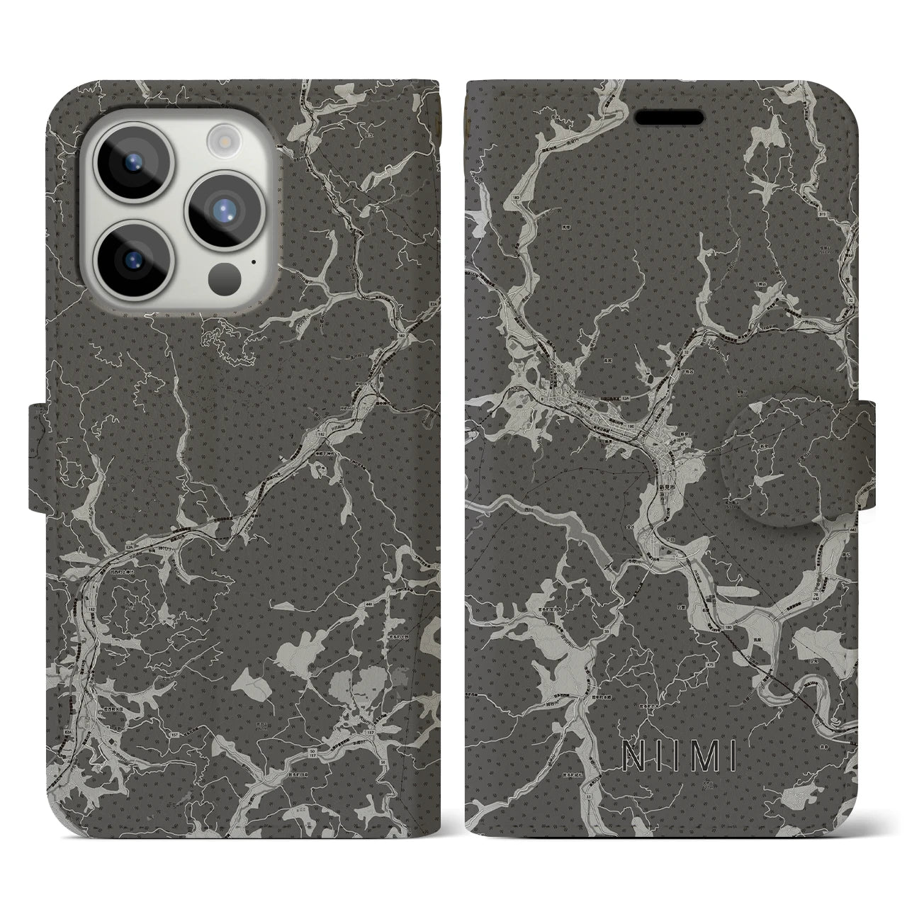 【新見(岡山県)】地図柄iPhoneケース(手帳タイプ)モノトーン・iPhone 15 Pro 用