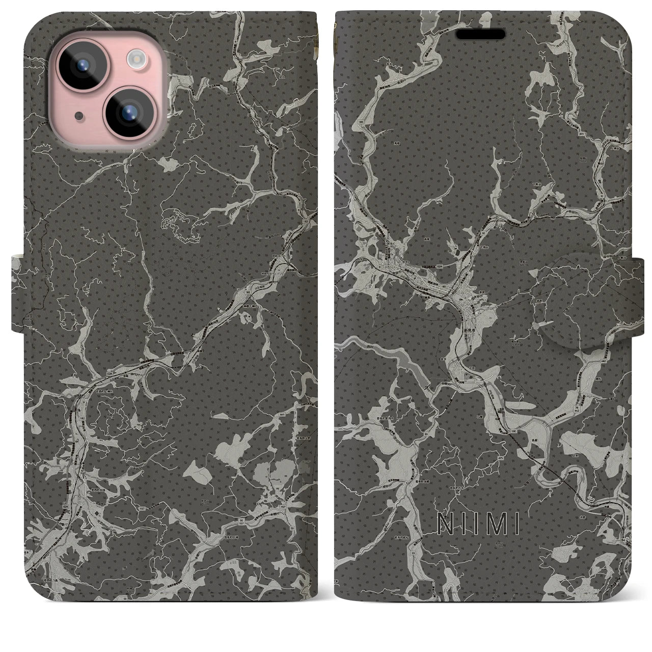 【新見(岡山県)】地図柄iPhoneケース(手帳タイプ)モノトーン・iPhone 15 Plus 用