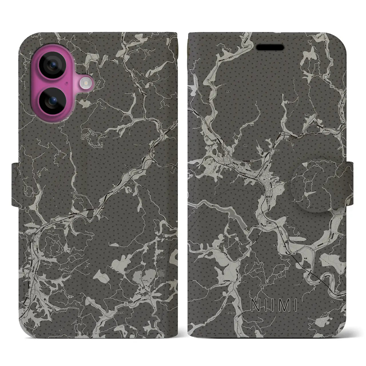 【新見(岡山県)】地図柄iPhoneケース(手帳タイプ)モノトーン・iPhone 16 Pro 用