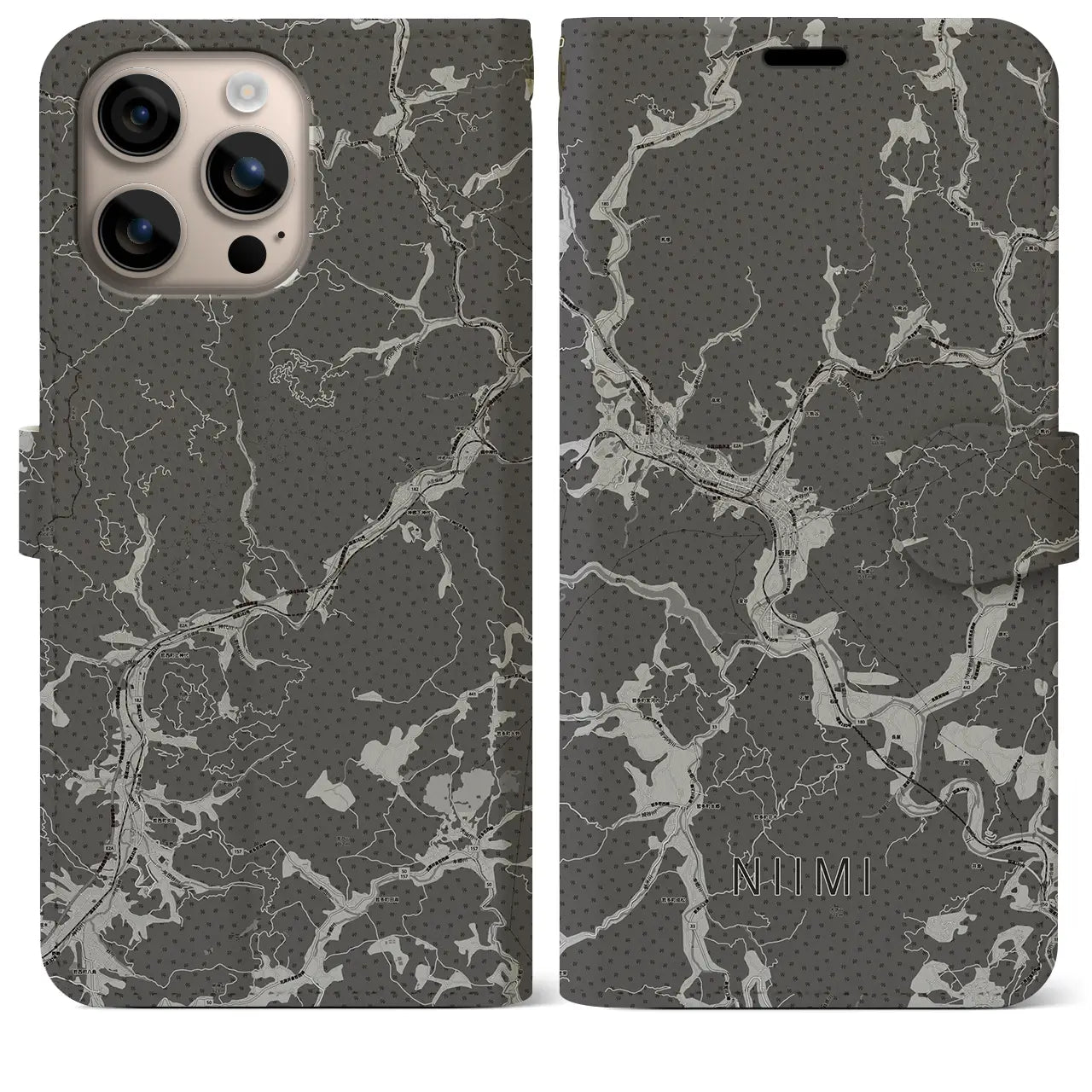 【新見(岡山県)】地図柄iPhoneケース(手帳タイプ)モノトーン・iPhone 16 Plus 用