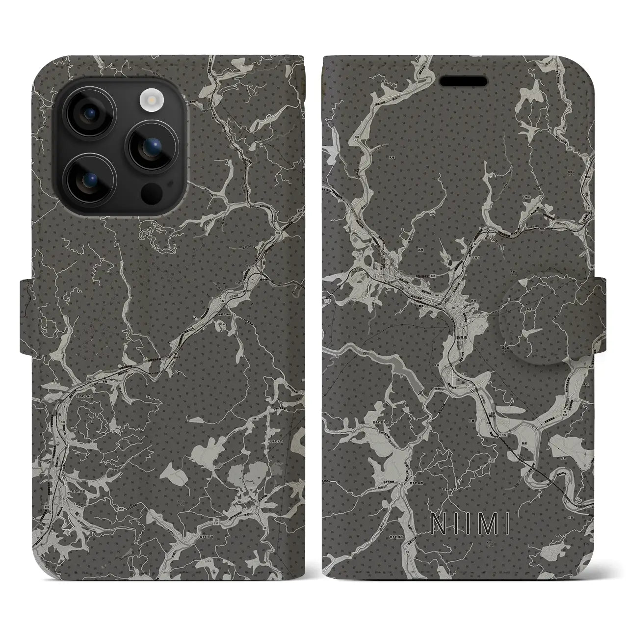 【新見(岡山県)】地図柄iPhoneケース(手帳タイプ)モノトーン・iPhone 16 用