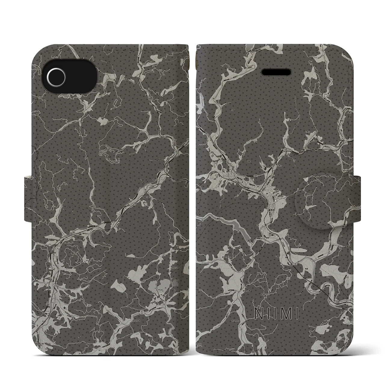 【新見(岡山県)】地図柄iPhoneケース(手帳タイプ)モノトーン・iPhone SE(第3 / 第2世代) / 8 / 7 / 6s / 6 用