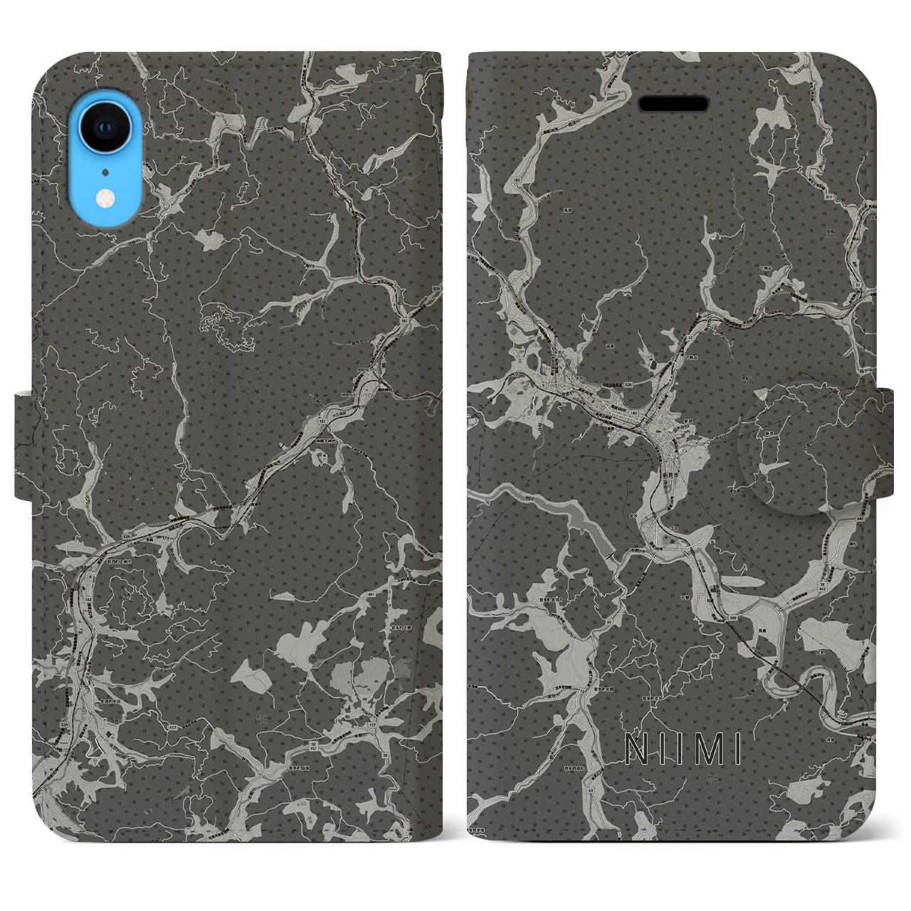 【新見(岡山県)】地図柄iPhoneケース(手帳タイプ)モノトーン・iPhone XR 用