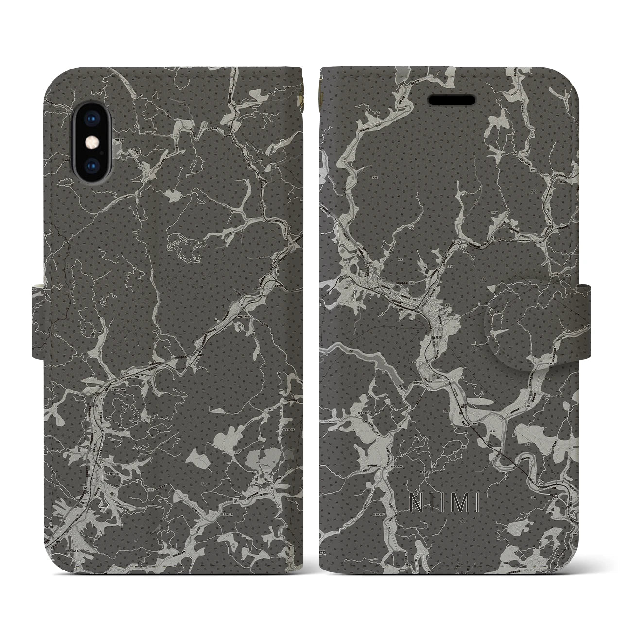 【新見(岡山県)】地図柄iPhoneケース(手帳タイプ)モノトーン・iPhone XS / X 用