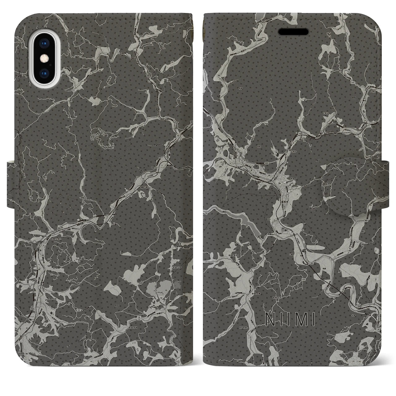 【新見(岡山県)】地図柄iPhoneケース(手帳タイプ)モノトーン・iPhone XS Max 用