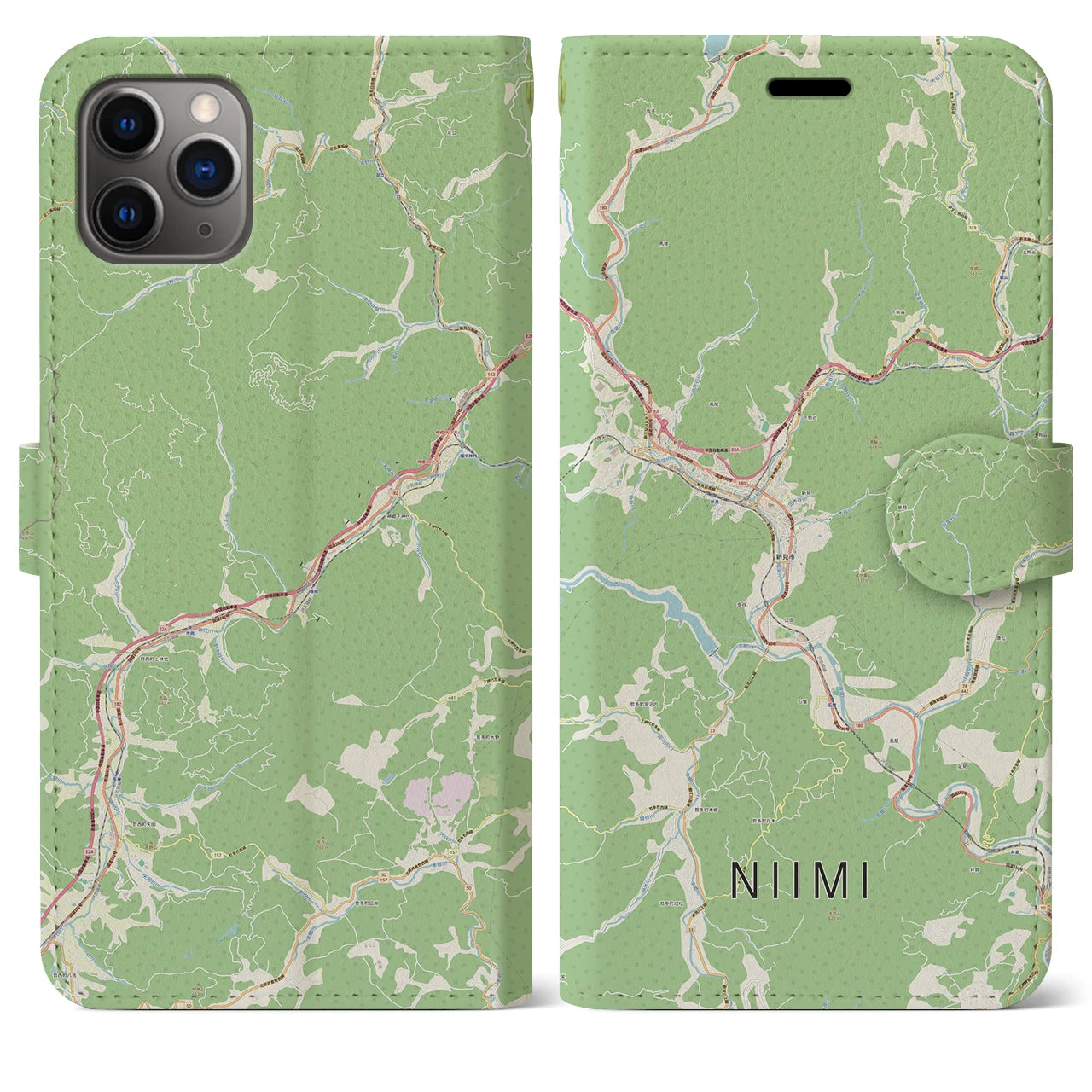 【新見(岡山県)】地図柄iPhoneケース(手帳タイプ)ナチュラル・iPhone 11 Pro Max 用