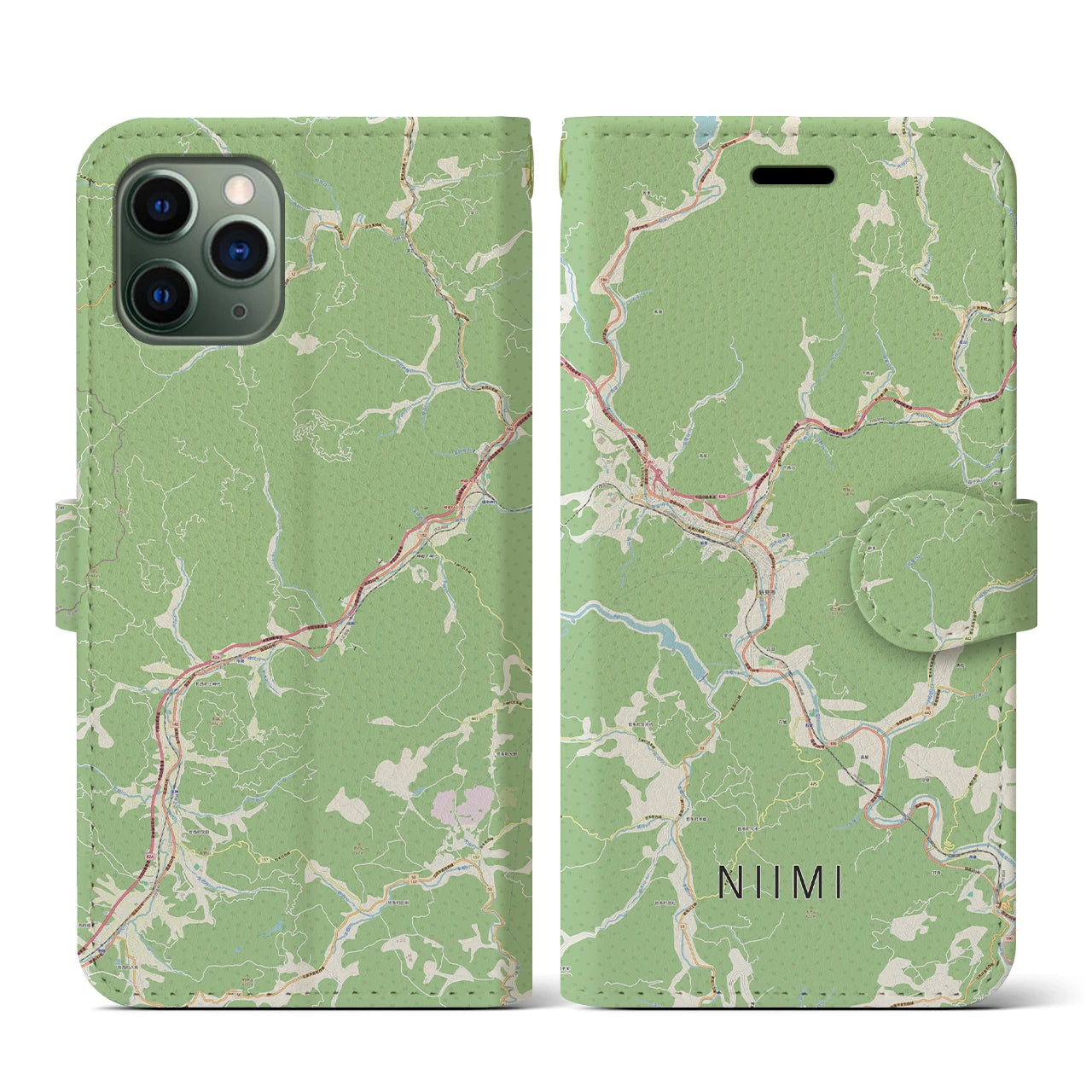 【新見(岡山県)】地図柄iPhoneケース(手帳タイプ)ナチュラル・iPhone 11 Pro 用
