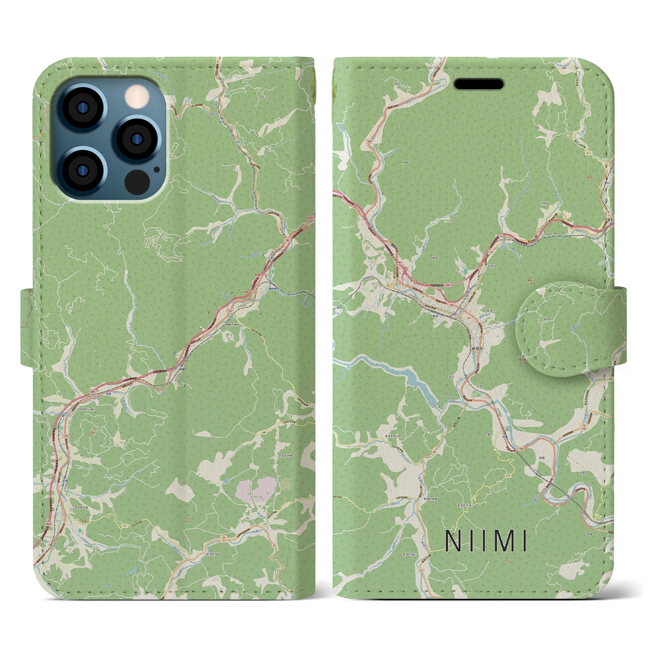 【新見(岡山県)】地図柄iPhoneケース(手帳タイプ)ナチュラル・iPhone 12 / 12 Pro 用