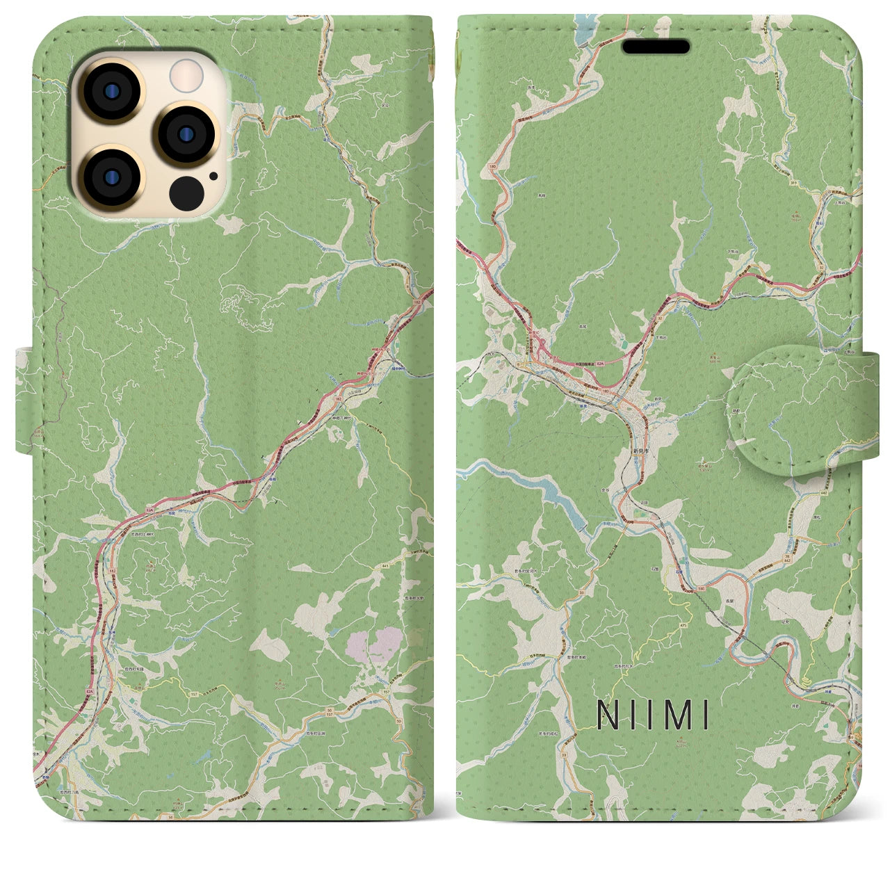 【新見(岡山県)】地図柄iPhoneケース(手帳タイプ)ナチュラル・iPhone 12 Pro Max 用