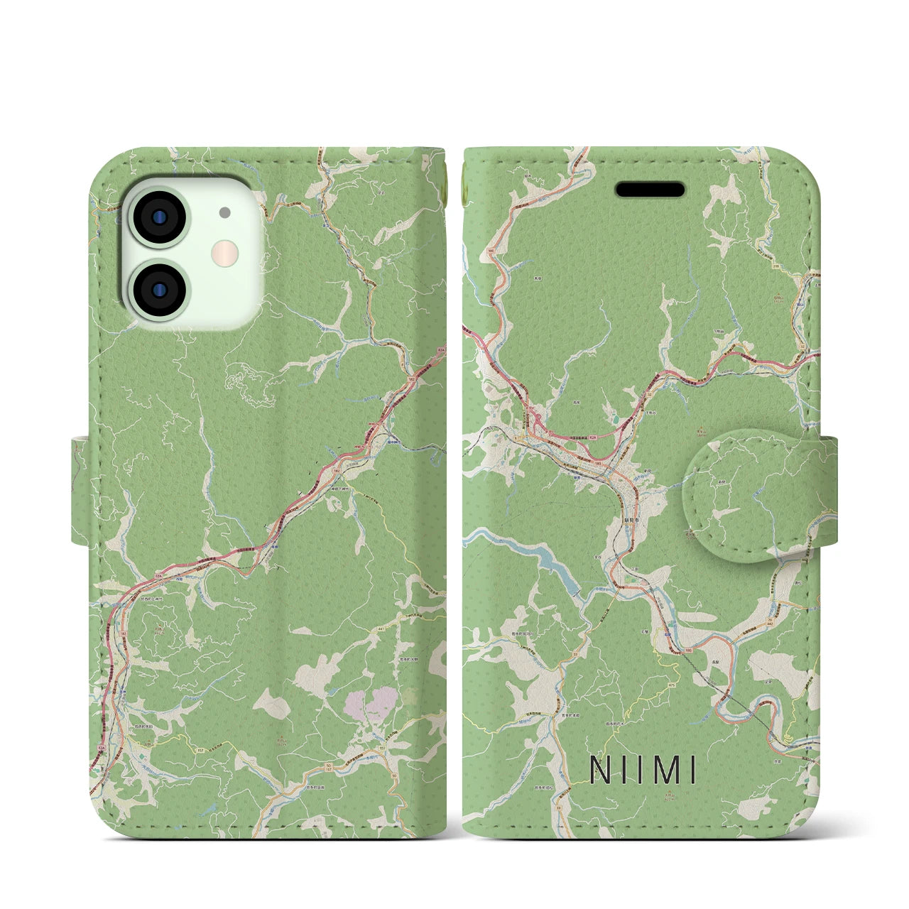 【新見(岡山県)】地図柄iPhoneケース(手帳タイプ)ナチュラル・iPhone 12 mini 用