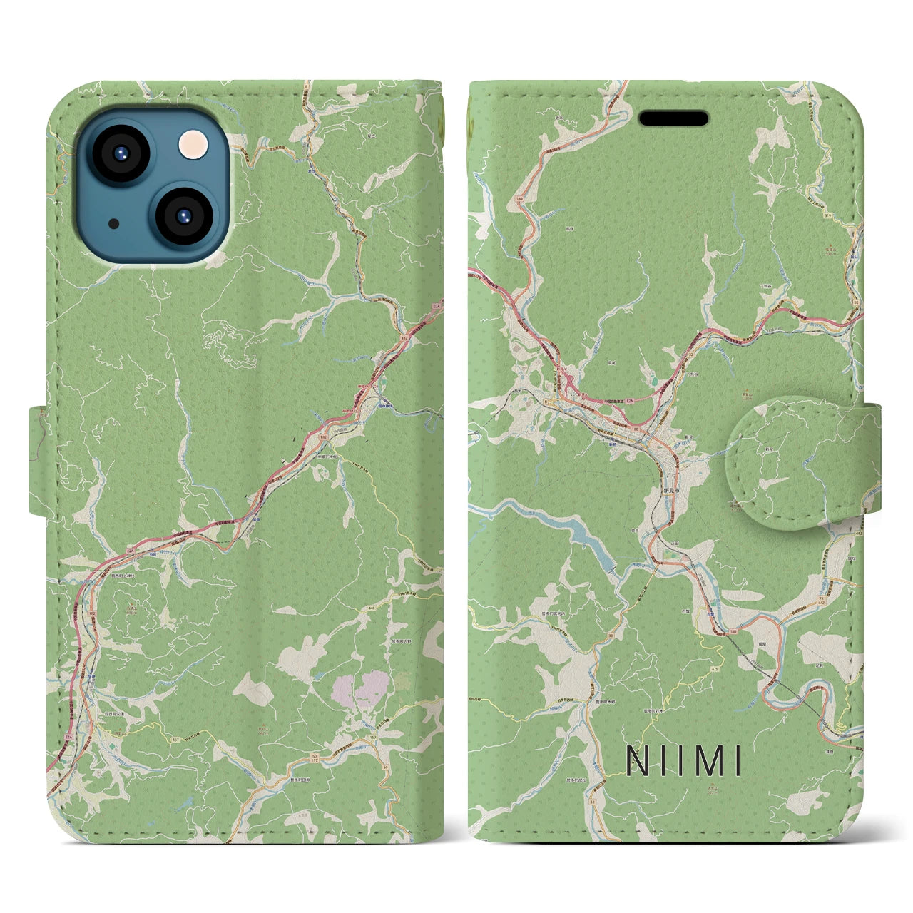 【新見(岡山県)】地図柄iPhoneケース(手帳タイプ)ナチュラル・iPhone 13 用