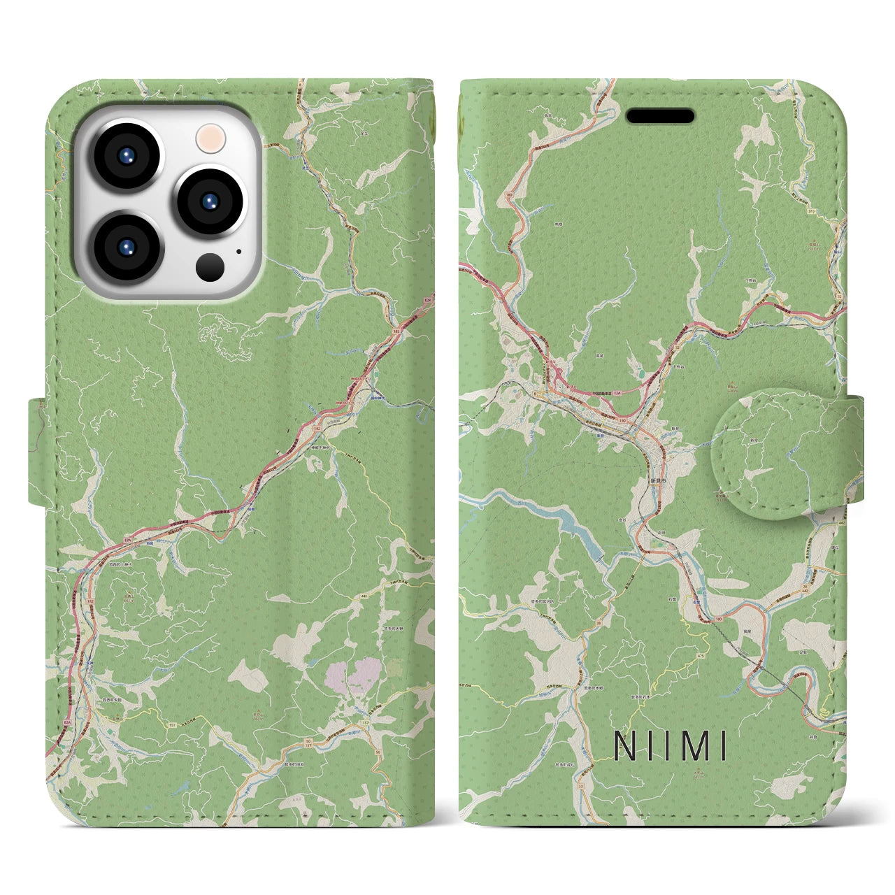 【新見(岡山県)】地図柄iPhoneケース(手帳タイプ)ナチュラル・iPhone 13 Pro 用
