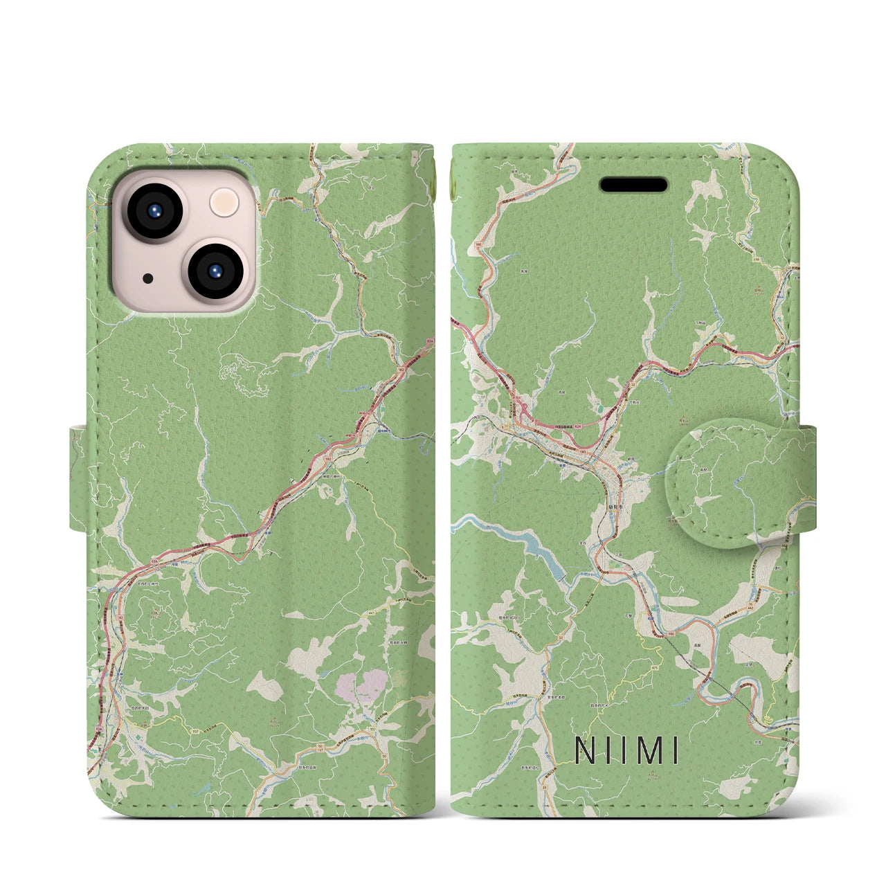 【新見(岡山県)】地図柄iPhoneケース(手帳タイプ)ナチュラル・iPhone 13 mini 用