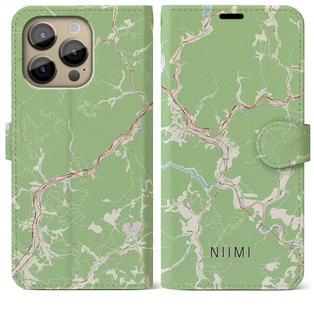 【新見(岡山県)】地図柄iPhoneケース(手帳タイプ)ナチュラル・iPhone 14 Pro Max 用
