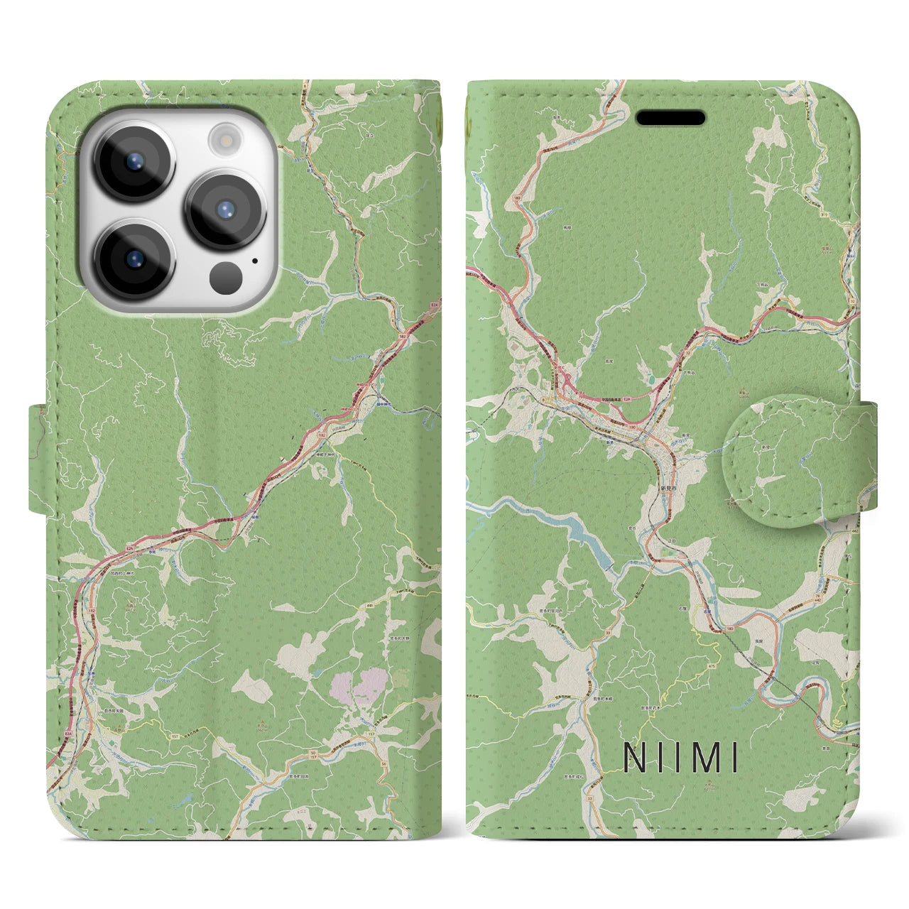 【新見(岡山県)】地図柄iPhoneケース(手帳タイプ)ナチュラル・iPhone 14 Pro 用