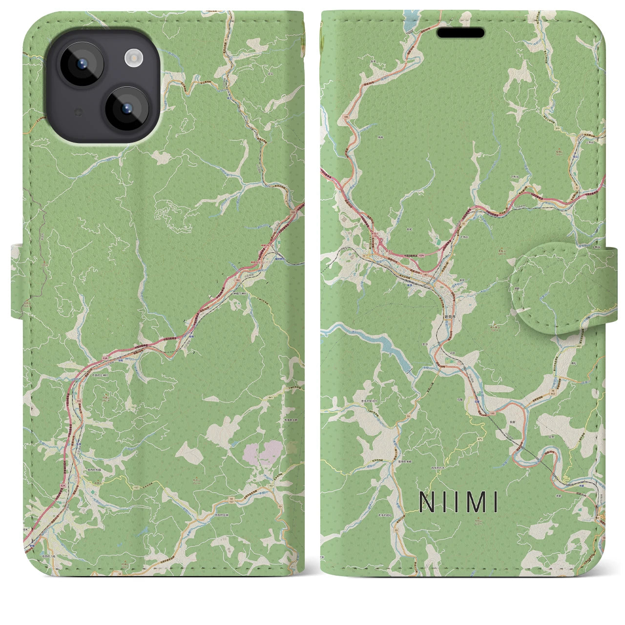【新見(岡山県)】地図柄iPhoneケース(手帳タイプ)ナチュラル・iPhone 14 Plus 用