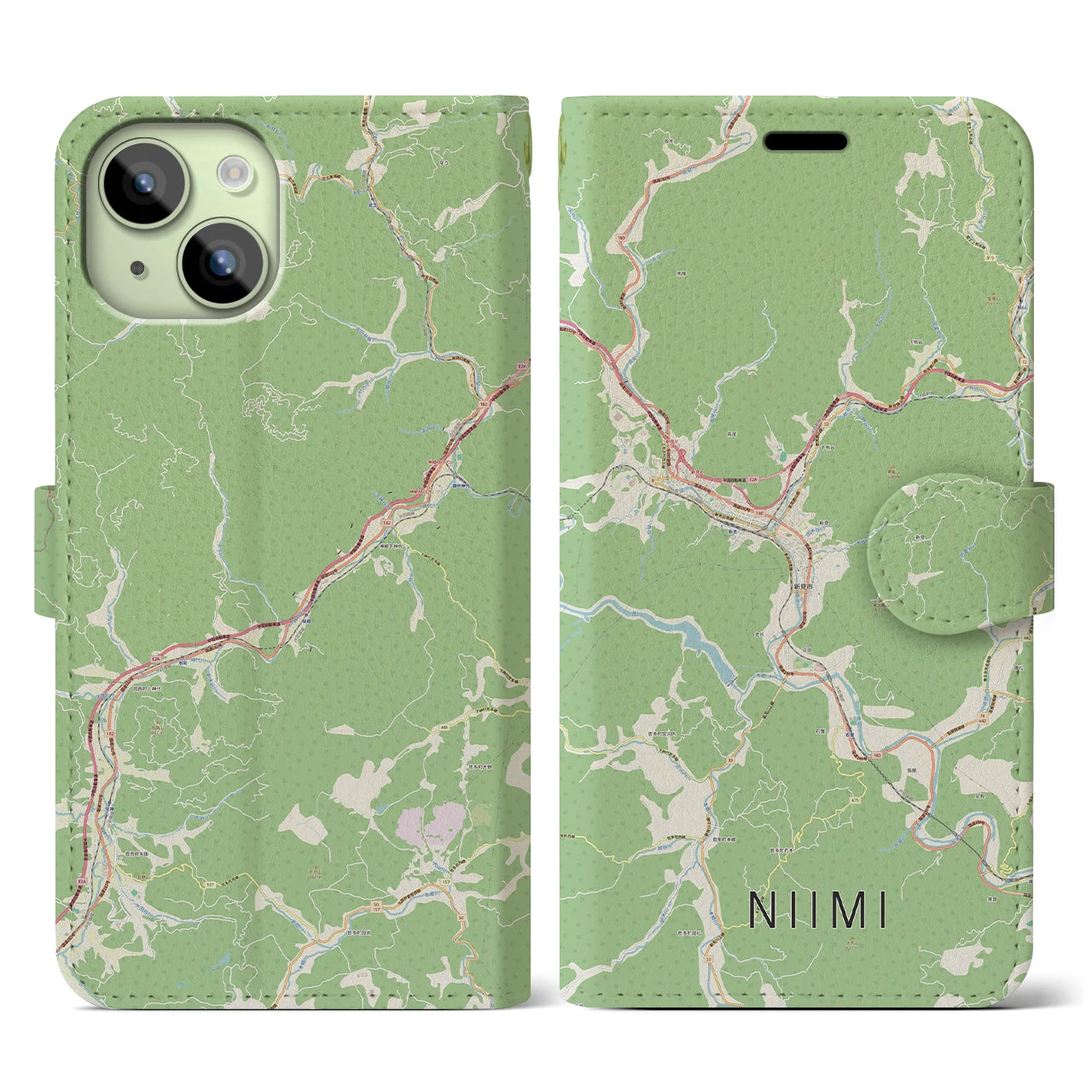 【新見(岡山県)】地図柄iPhoneケース(手帳タイプ)ナチュラル・iPhone 15 用