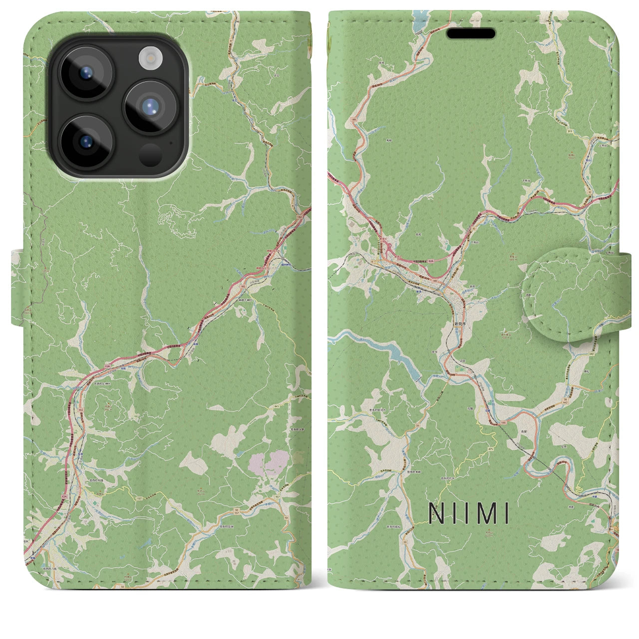 【新見(岡山県)】地図柄iPhoneケース(手帳タイプ)ナチュラル・iPhone 15 Pro Max 用