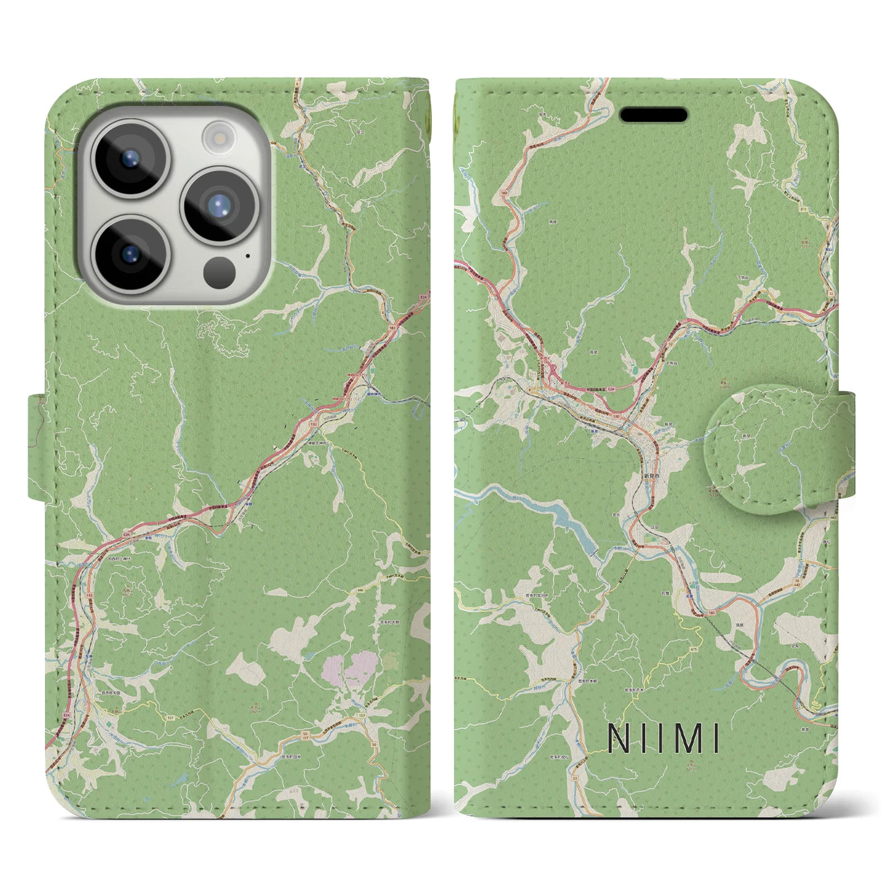 【新見(岡山県)】地図柄iPhoneケース(手帳タイプ)ナチュラル・iPhone 15 Pro 用