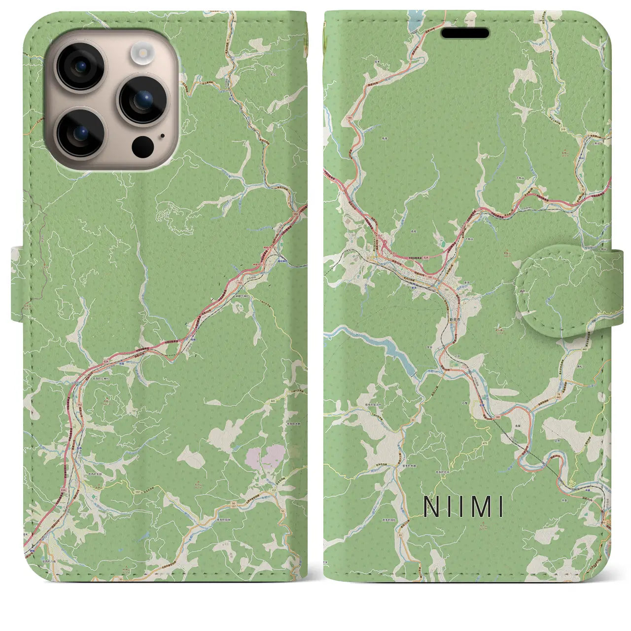 【新見(岡山県)】地図柄iPhoneケース(手帳タイプ)ナチュラル・iPhone 16 Plus 用