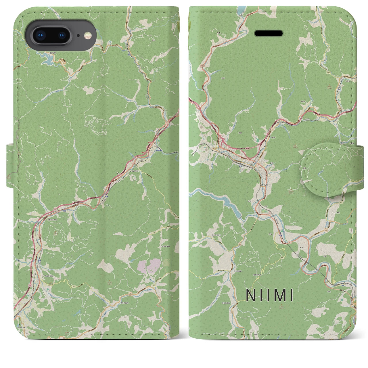 【新見(岡山県)】地図柄iPhoneケース(手帳タイプ)ナチュラル・iPhone 8Plus /7Plus / 6sPlus / 6Plus 用