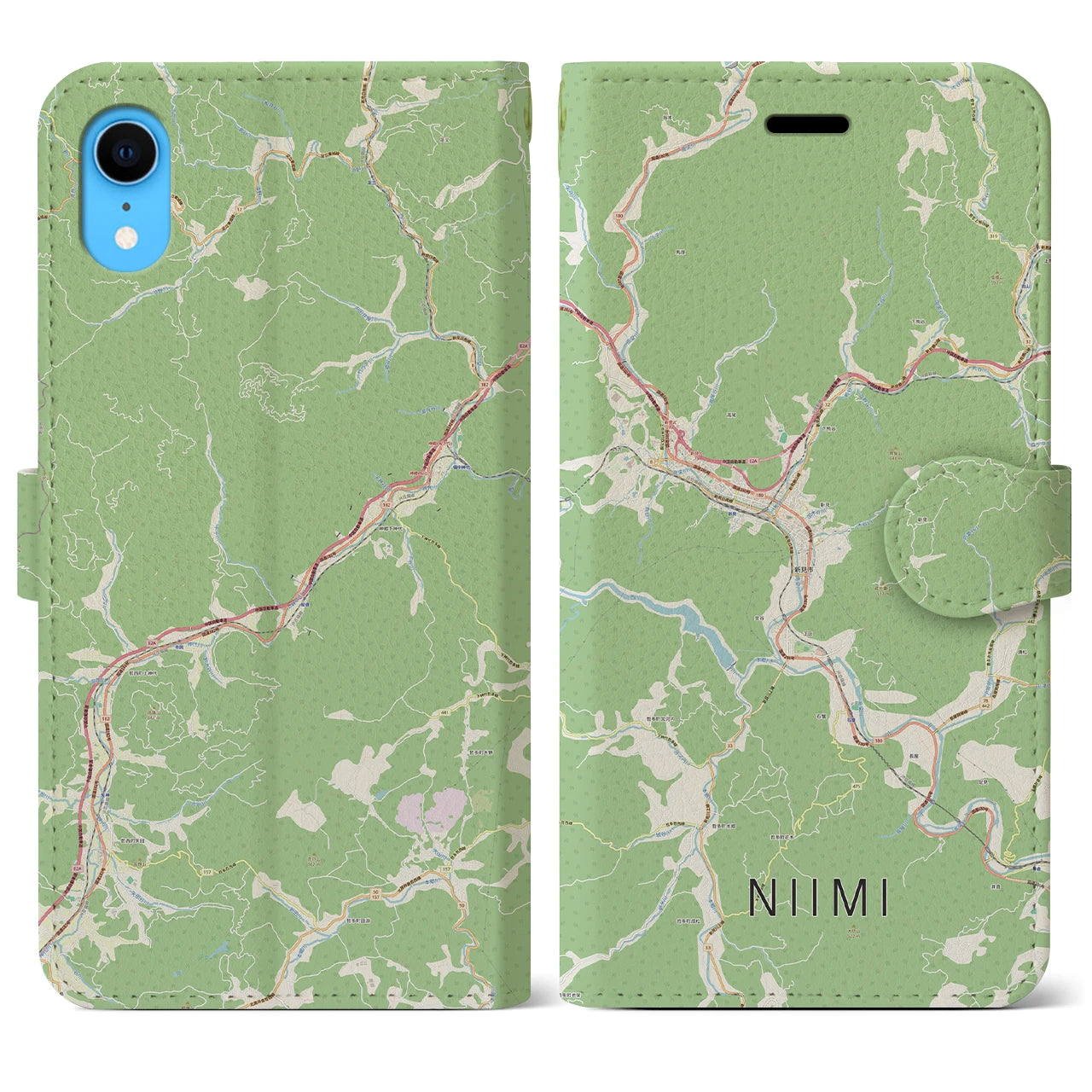 【新見(岡山県)】地図柄iPhoneケース(手帳タイプ)ナチュラル・iPhone XR 用