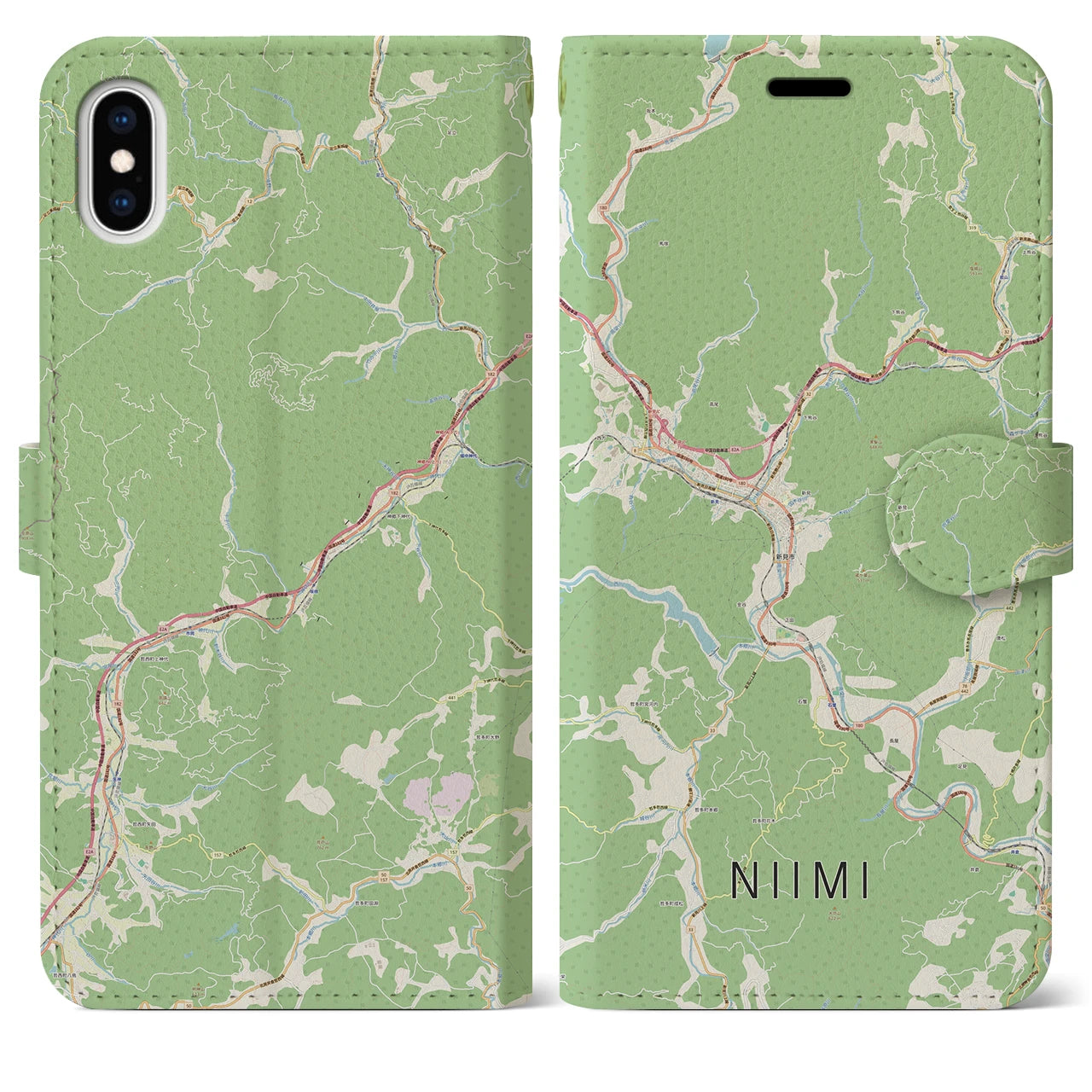 【新見(岡山県)】地図柄iPhoneケース(手帳タイプ)ナチュラル・iPhone XS Max 用