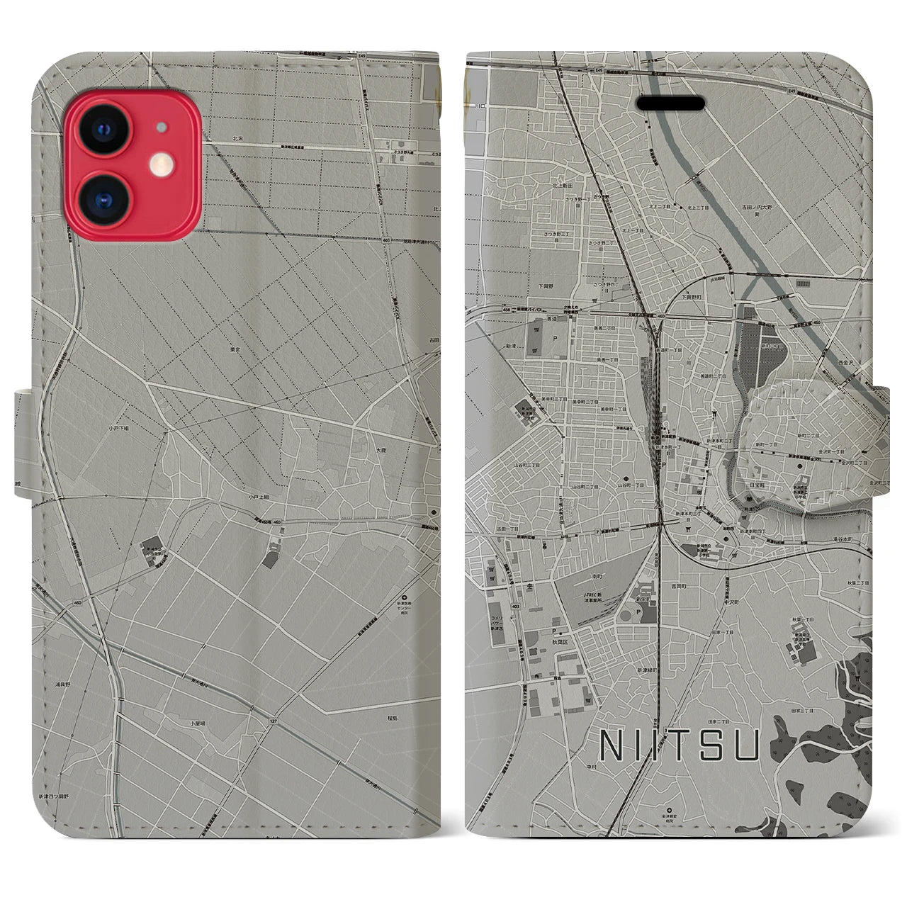 【新津(新潟県)】地図柄iPhoneケース(手帳タイプ)モノトーン・iPhone 11 用