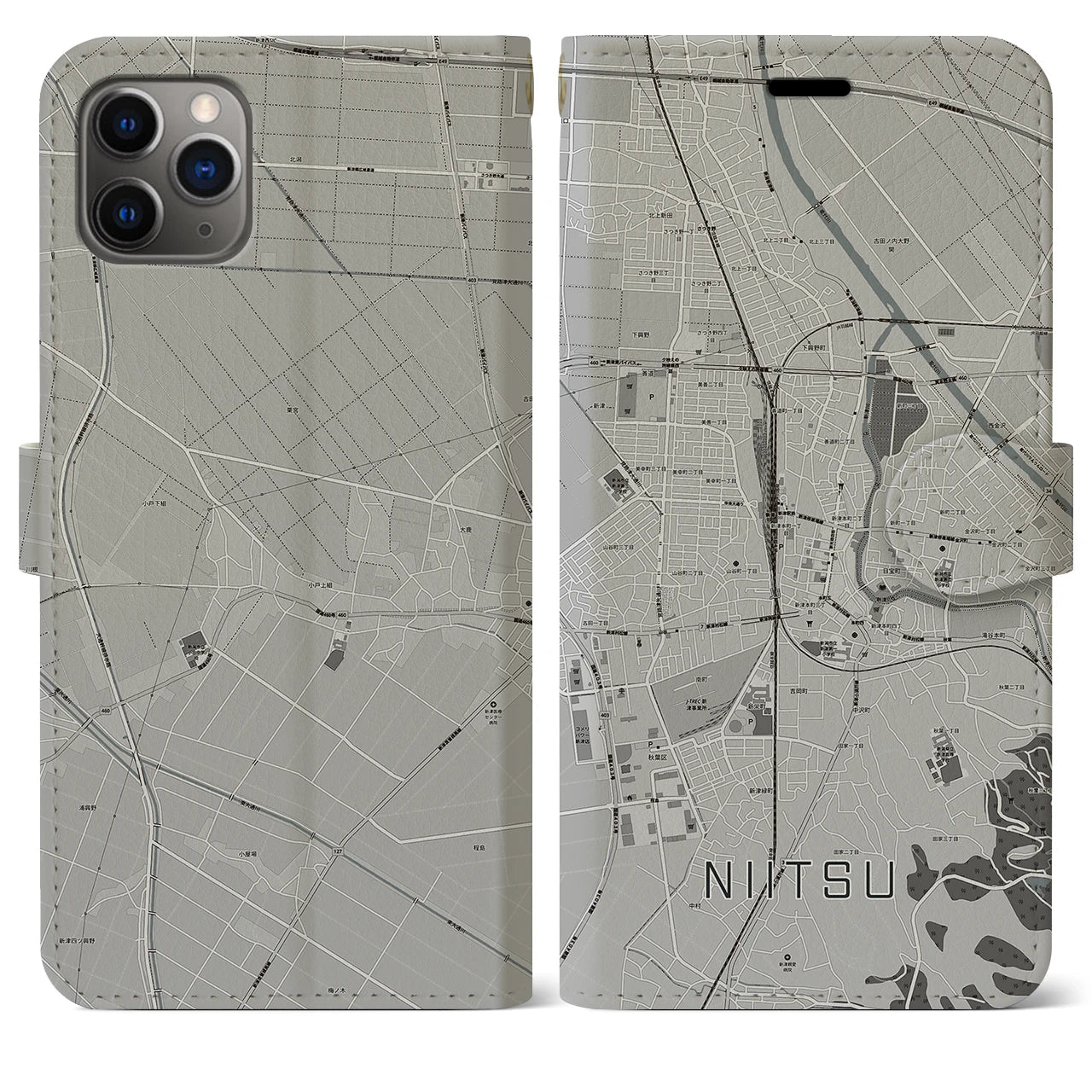 【新津(新潟県)】地図柄iPhoneケース(手帳タイプ)モノトーン・iPhone 11 Pro Max 用
