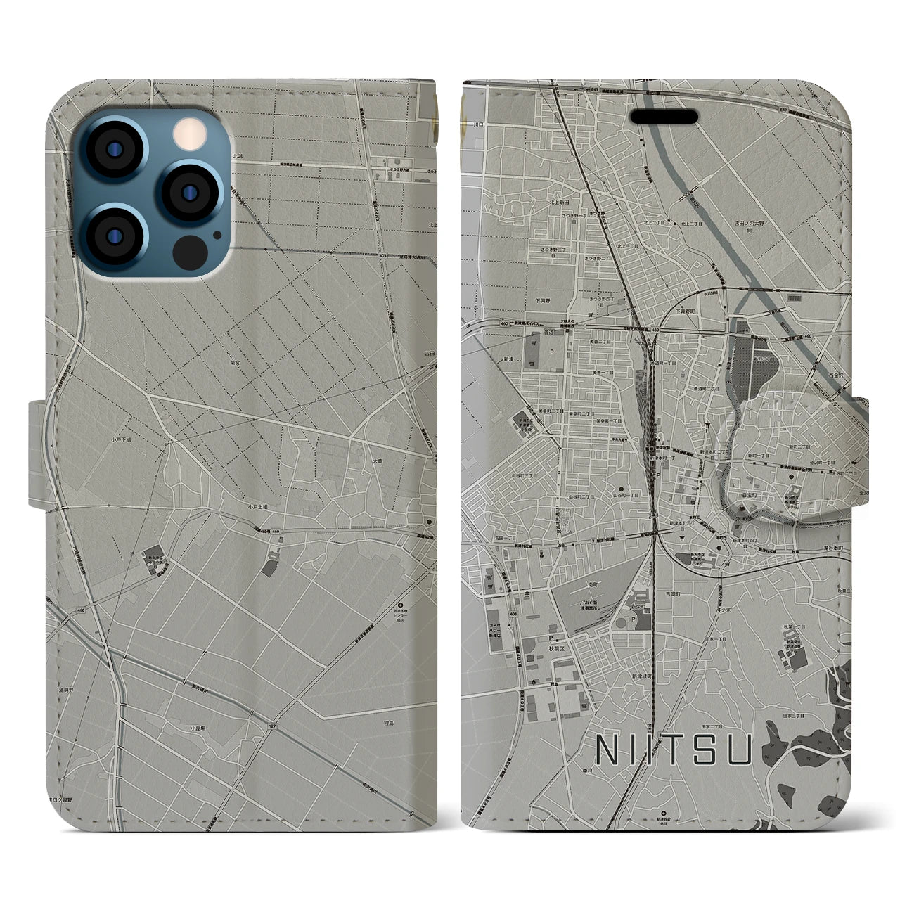 【新津(新潟県)】地図柄iPhoneケース(手帳タイプ)モノトーン・iPhone 12 / 12 Pro 用