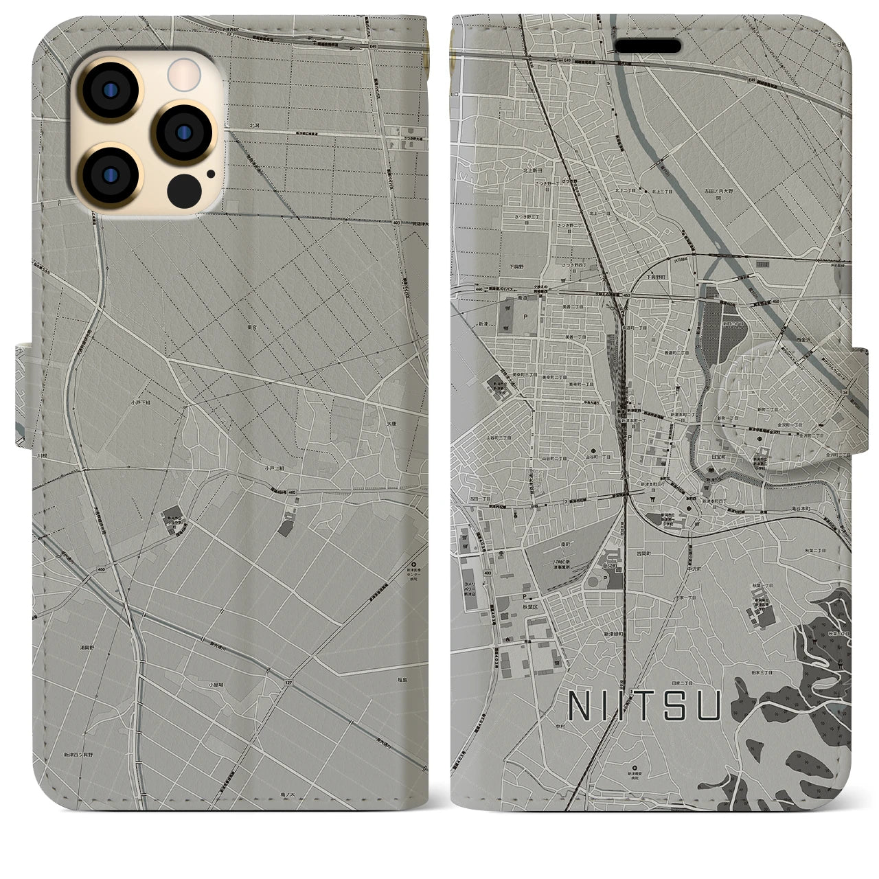 【新津(新潟県)】地図柄iPhoneケース(手帳タイプ)モノトーン・iPhone 12 Pro Max 用