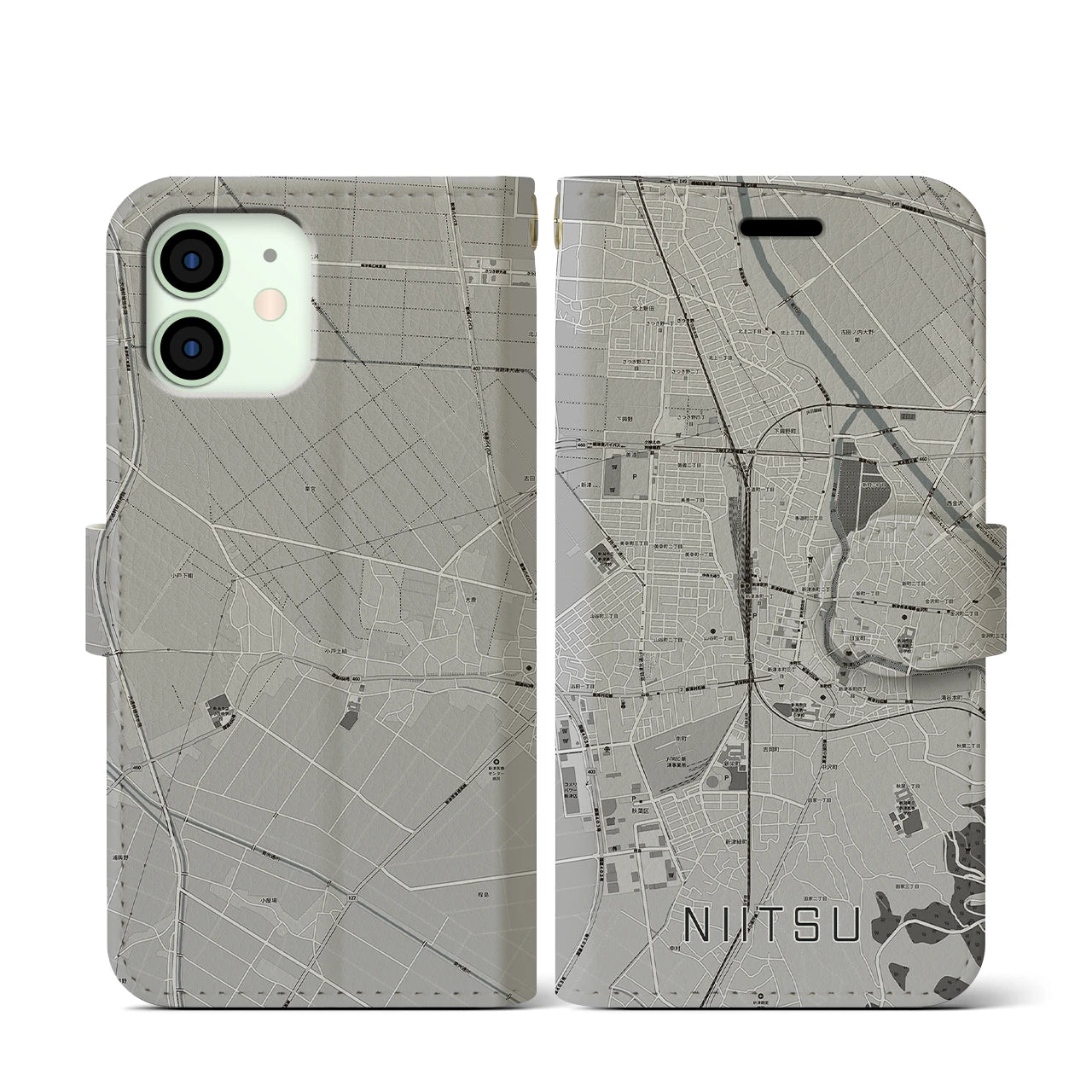 【新津(新潟県)】地図柄iPhoneケース(手帳タイプ)モノトーン・iPhone 12 mini 用