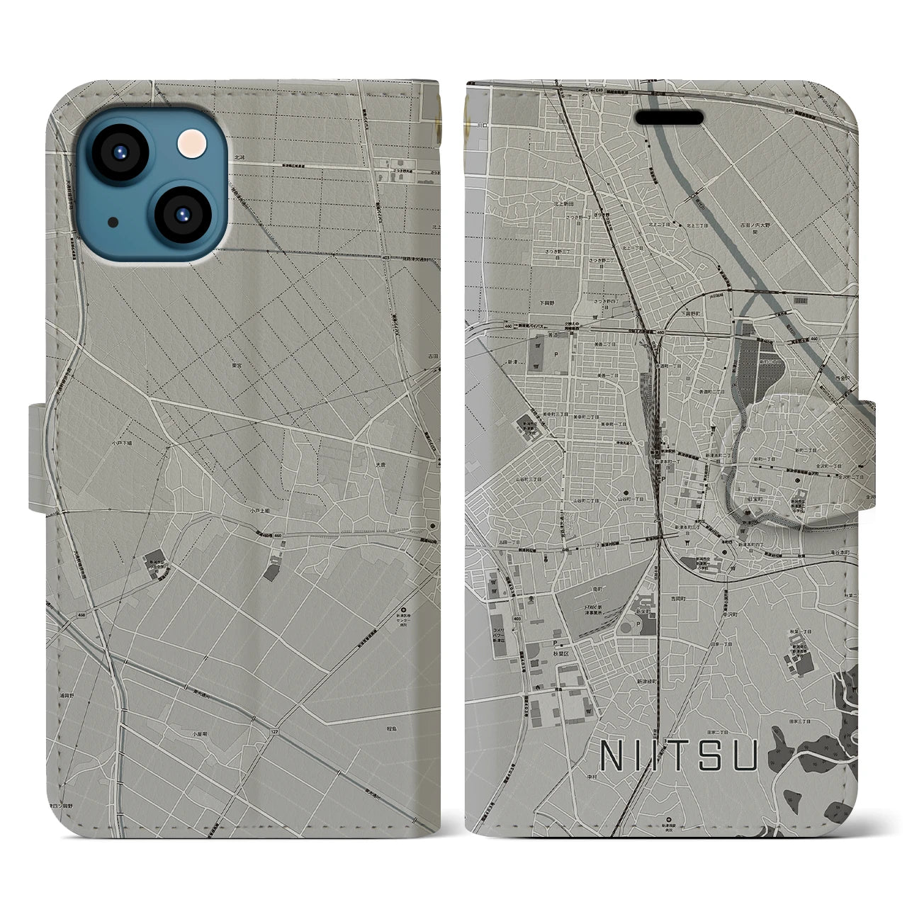【新津(新潟県)】地図柄iPhoneケース(手帳タイプ)モノトーン・iPhone 13 用