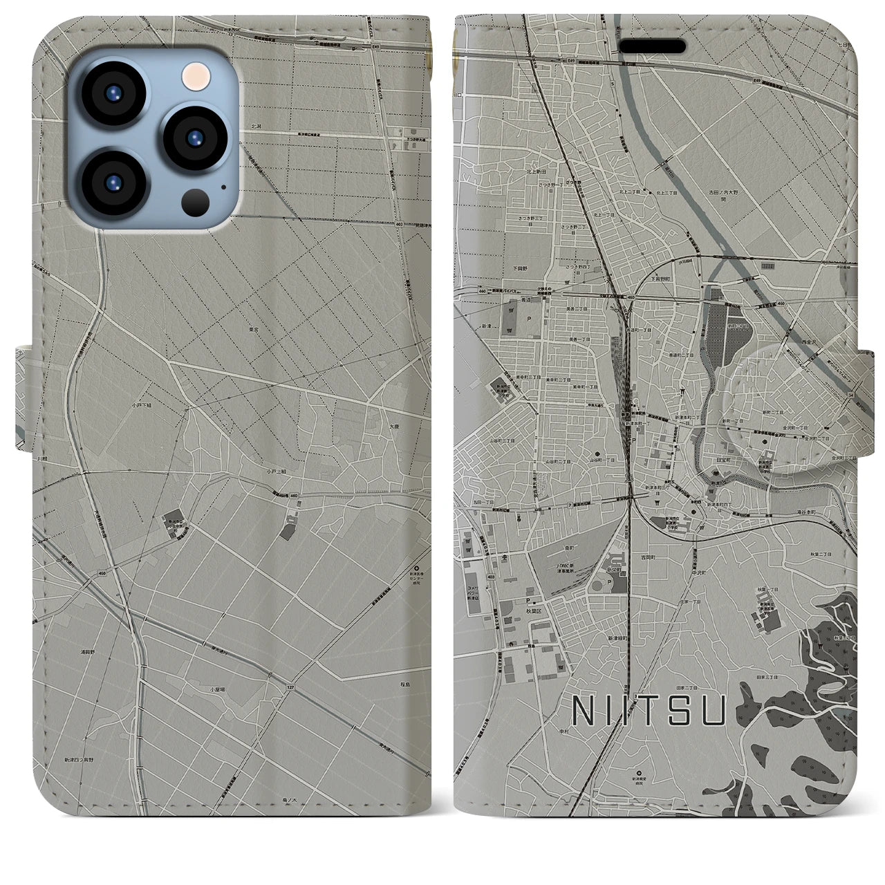 【新津(新潟県)】地図柄iPhoneケース(手帳タイプ)モノトーン・iPhone 13 Pro Max 用